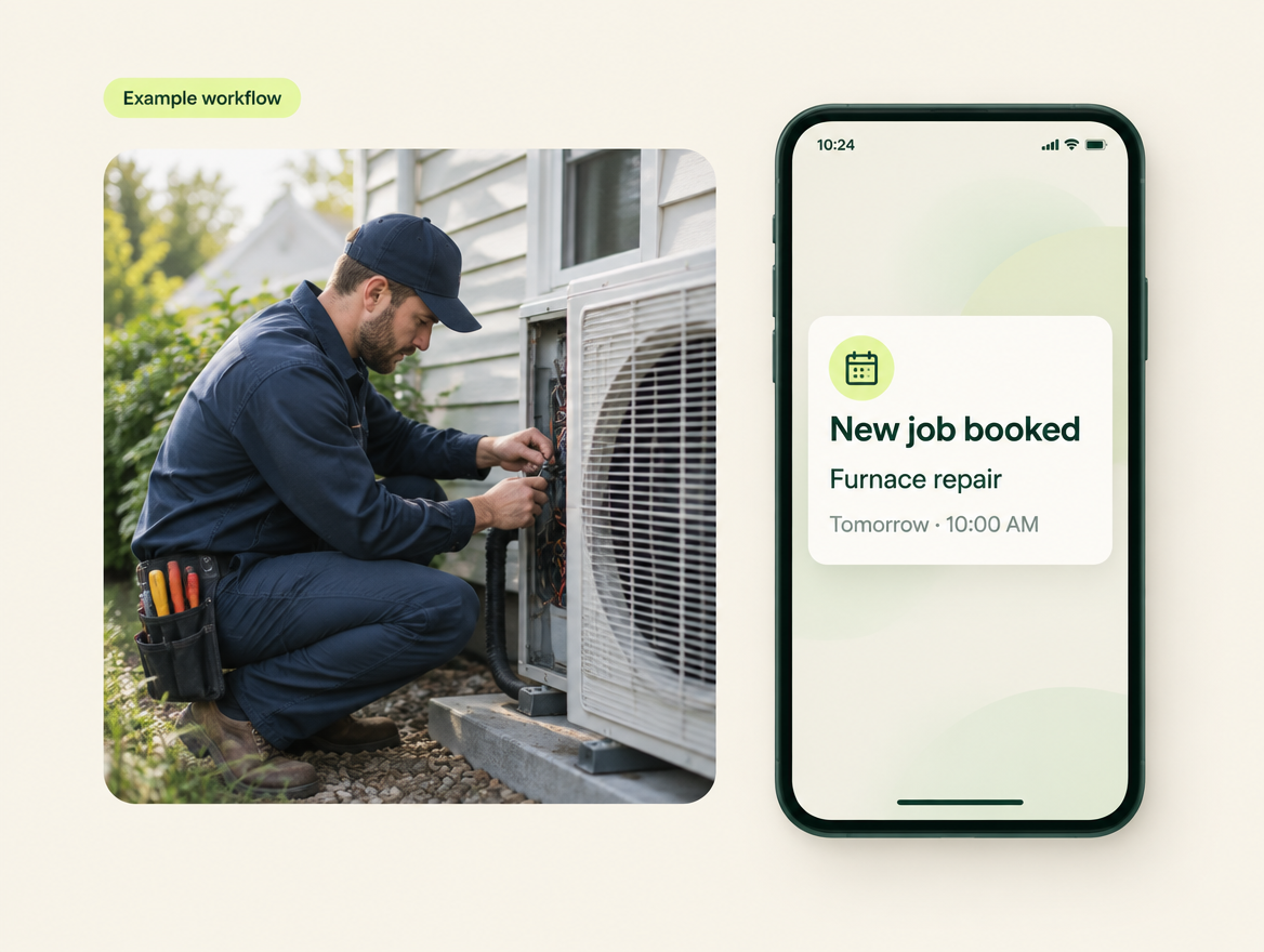 Illustrative tradesperson scene beside a phone showing a new furnace repair booking for tomorrow at 10 AM.